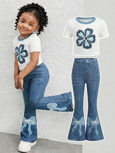 女童时尚针织白色圆领蝴蝶结印花短袖针织T恤和仿牛仔印花喇叭裤套装
