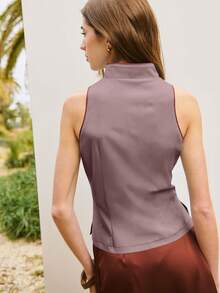 2026 Top sin mangas con cuello mao y ribete en contraste alrededor del cuello y las sisas.Para looks festivos, de resort, primavera y verano.Vacaciones de lujo, salidas, bodas, fiestas, festivales, vacaciones de verano. - Rosa vieja - Ver 2