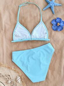 SHEIN Bộ bikini dây mảnh buộc cổ màu xanh trơn in họa tiết dành cho bé gái tuổi teen, đồ đi biển mùa hè, bộ bikini buộc cổ, đồ bơi đi biển mùa hè - Màu xanh lam - Xem 2