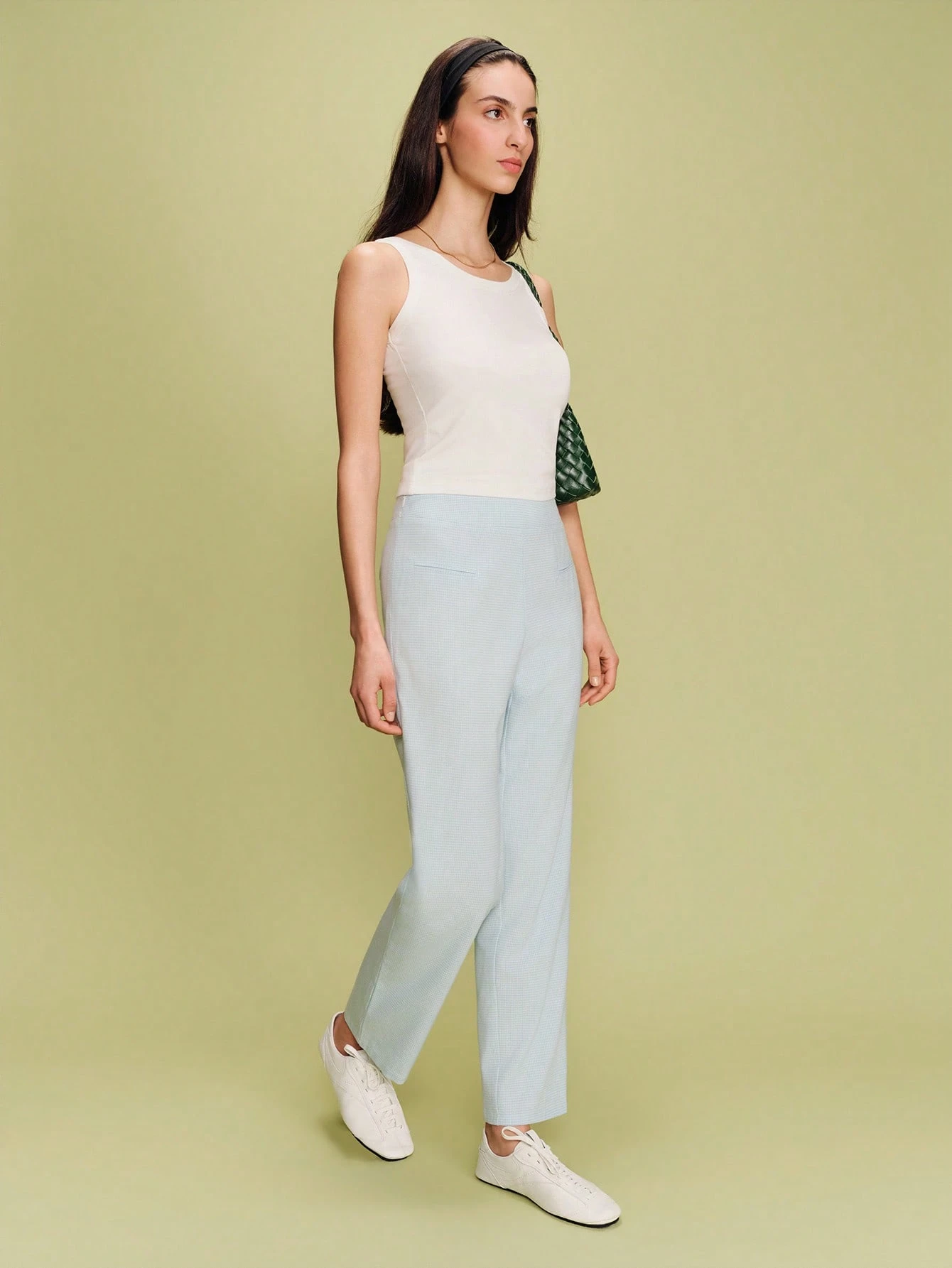 Blue Check Pattern Fitted 3/4 Length Trousers With Piped Pockets Cute Pants Office Outfit Business Casual Pants Spring Summer French Style Parisian Style Light Weight Pants For Women Casual Outfit For Women