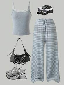 少女夏季休闲度假通勤撞色蕾丝修身短款吊带背心搭配条纹印花抽绳腰阔腿裤套装 - 灰色 - 查看 8