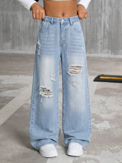 2026 Spring/Summer New Tween Girls Jeans, Fashion Distressed Design With Elastic Waistband, Loose Fit Snug Fit, Button Front Closure For Easy Wear, Suitable For Home, Daily, Date, Outing, Party, Travel, Versatile Multi-Pocket Wide Leg Washed Blue Straight Leg Casual Denim Pants