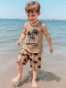 SHEIN Young Boy's Casual Cartoon Pattern Sleeveless Tank Top, Suitable For Summer, Classic Palm Tree Print - Khaki - View 1