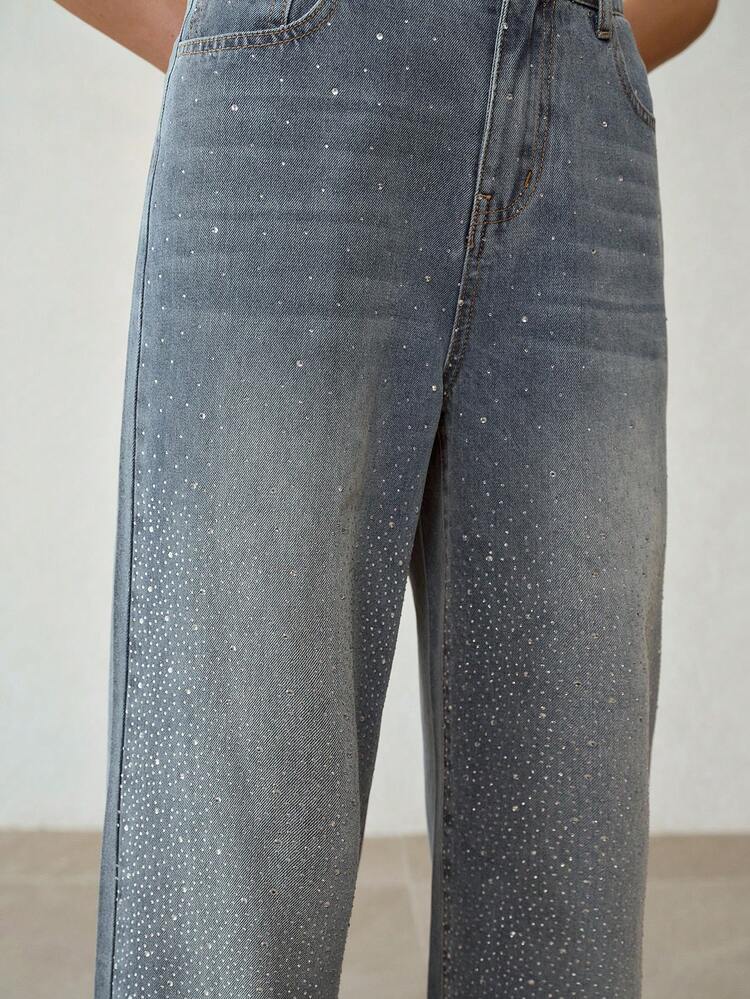 NEW SUMMER HIGH WAIST WIDE LEG RHINESTONE EMBELLISHED BLUE JEANS