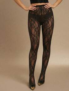Silquee Quần legging nữ thời trang, gợi cảm, xuyên thấu, cạp cao, co giãn, chất liệu ren. - màu đen - Xem 1