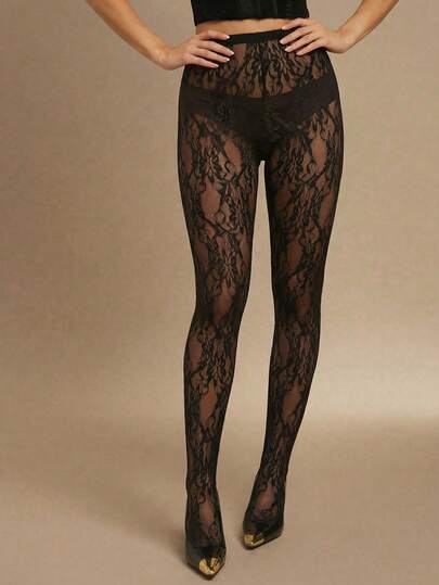 Silquee Women's Black Fashionable Sexy See-Through Lace High-Waisted Stretch Tight Lace Leggings, Sexy And Versatile, Festival Outfits For Women Lace Jumpsuits For Woman Sexy Jumpsuits For Woman