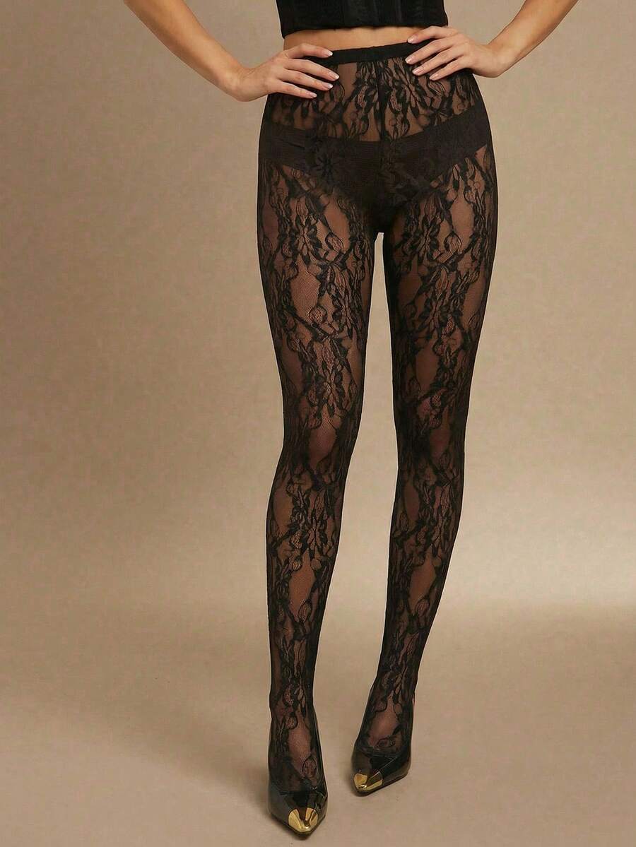 Silquee Quần legging nữ thời trang, gợi cảm, xuyên thấu, cạp cao, co giãn, chất liệu ren. - màu đen - Xem 1