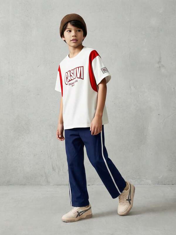 SHEIN Casuvi Kids Tween Boys Multicolor Sporty Letter Patched Short Sleeve Round Neck Long Fitted T-Shirt With Drop Shoulder