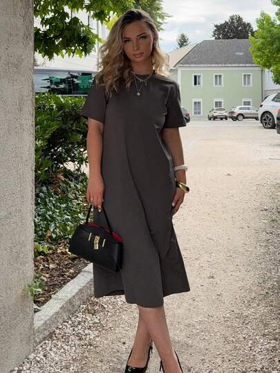 Jeta Ari Women's Solid Color Simple Daily Short Sleeve Summer Dress,Ruffle Maxi Dress