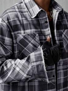 NEON BLANC Camisa casual de hombre de un solo pecho a cuadros, versátil para uso diario - Gris - Ver 5