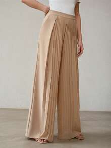 MOTF PREMIUM SUMMER NEW FASHION PLEATED PATCHWORK DESIGN CULOTTES, WOMEN KHAKI DRAPING WIDE LEG PALAZZO PANTS - Khaki - View 7
