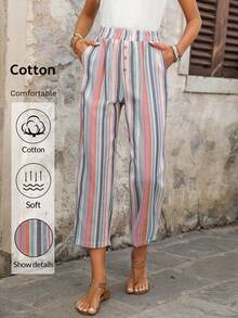 EMERY ROSE 女士休闲度假通勤撞色条纹印花弹力腰侧口袋七分裤 - 彩色 - 查看 3