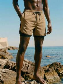 ZELFYO Men's Solid Color Minimalist Casual Beach Shorts - Khaki - View 1