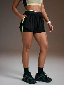 Powerista Women's Casual Elastic Waist Sports Shorts With Contrast Trim, Summer - Black - View 5