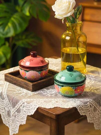 Cirelle 1个手绘花卉图案陶瓷炖锅/蒸锅，容量380毫升/12.84盎司，防漏，可蒸汤和鸡蛋，是健康家庭烹饪的理想选择，包含内外盖。