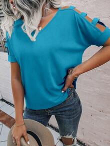 SHEIN LUNE Women's Casual Vacation Style Daily Commute Solid V-Neck Cold Shoulder T-Shirt, Summer - Blue - View 4
