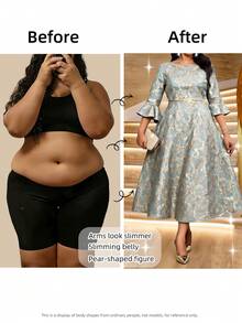 SHEIN Lady CURVE 大码女式花卉提花圆领喇叭袖优雅连衣裙 - 綠色 - 查看 4