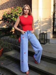 Elenary Edit Women Summer Casual Solid Color 2 In 1 T-Shirt Valentine's Day - Red - View 4