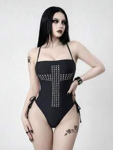 ROMWE Áo tắm hai dây phong cách Gothic tối màu dành cho nữ, thích hợp cho kỳ nghỉ biển. - màu đen - Xem 3