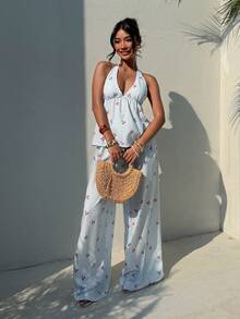 Aloruh Bộ đồ 2 món dành cho nữ: áo hai dây và quần dài họa tiết sọc anh đào. - Màu xanh lam - Xem 10