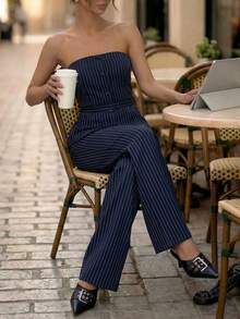 Editum 女士无肩带西装套装，灰色，适合夏季办公室穿着和休闲教师装扮 - 藏蓝色 - 查看 5