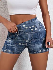 Rovax Women's Slim Fit Denim Printed High Waist Versatile Leggings, Summer - Dusty Blue - View 4