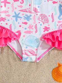 SHEIN Baby Girl Cartoon Print Ruffle Zipper Long Sleeve Cute Stretch Contrast Color One-Piece Swimsuit, Suitable For Beach Holiday Swimming - Multicolor - View 5