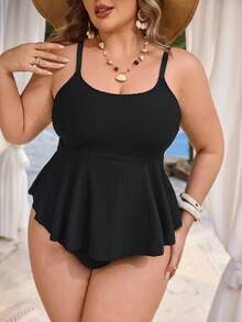 Swim Lushoire Plus Size Black Textured Tankini Swimwear, Ruffled Skirt Strap Top + High Waist Briefs, Beach Holiday Summer - Black - View 3