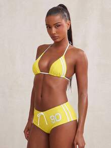NYA SZN Swim Two Pieces String Bikini Short Cheeky Set Sporty Striped Beach Vacation Red Swimwear Outfits For Women - Yellow - View 1