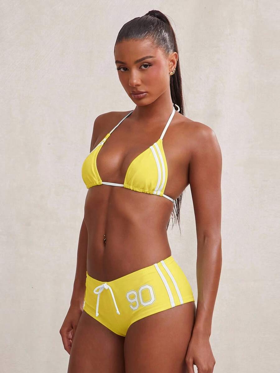NYA SZN Swim Two Pieces String Bikini Short Cheeky Set Sporty Striped Beach Vacation Red Swimwear Outfits For Women - Yellow - View 1