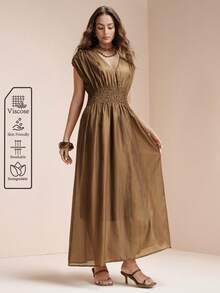 Arave 女士轻盈天丝褶皱A字无袖连衣裙，适合日常通勤 - 棕色 - 查看 6