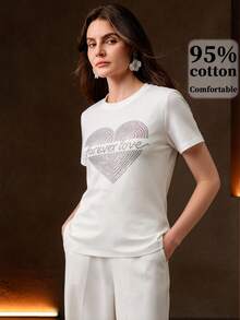 Anewsta 女士圆领字母和爱心水钻图案休闲百搭日常短袖T恤 - 白色 - 查看 3