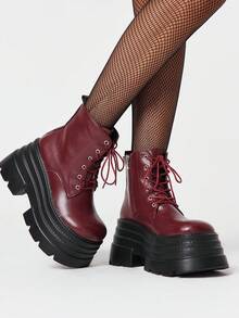 ROMWE Goth Women Heeled Sandals 2026 New Autumn And Winter Punk Style Burgundy PU Round Toe Boots Thick-Soled Small Riding Boots Versatile Muffin Ankle Boots - Burgundy - View 3