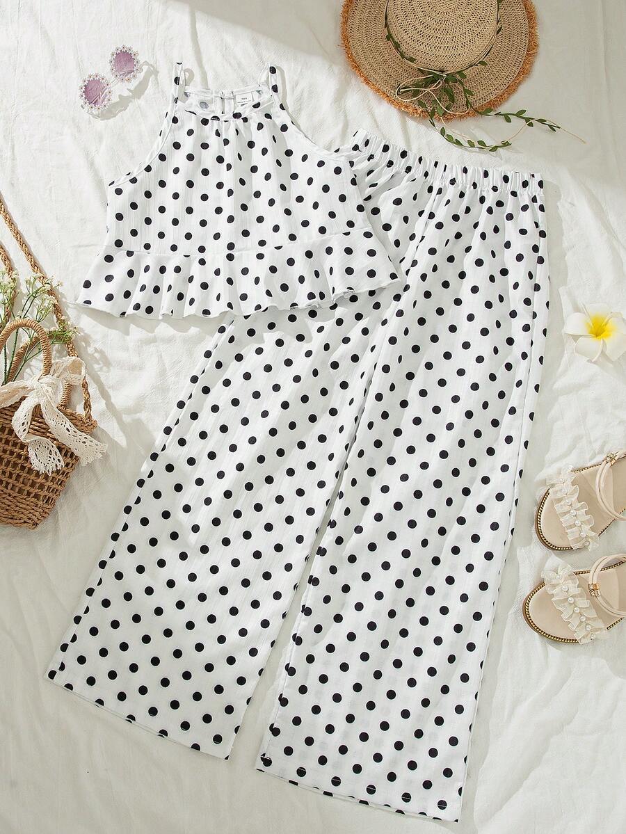 SHEIN 2pcs Girls Casual Sleeveless Polka Dot Top And Wide Leg Pants Set, Summer Outfit With Droplet Buttons, Ruffle Hem, Relaxed Fit For Beach, Vacation - White - View 1