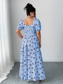 Elenzga Vestido plus size feminino com mangas pétala, costas abertas, fenda e modelagem evasê. - Azul - Ver 2