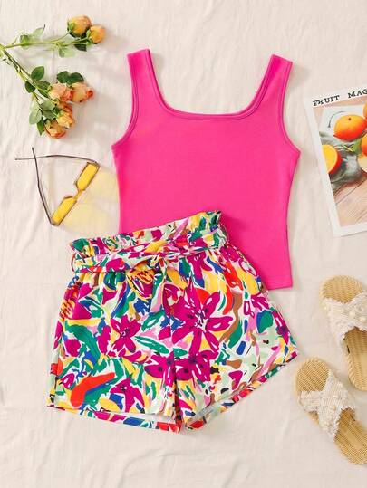 SHEIN TEENGIRL Orange Tank Top With Colorful Leaf Print & Loose Shorts Set, Vacation Style Suitable For Summer