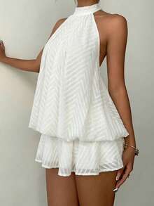 Aloruh 女士优雅白色吊带系带迷你连衣裙，女士雪纺提花迷你裙，夏季连衣裙，情人节套装，女士沙滩裙，伴娘礼服，节日连衣裙，波点连衣裙 - 白色 - 查看 4