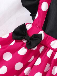 SHEIN Playful Pals 女嬰可愛粉白波點夏季生日洋裝 玫瑰紅荷葉袖吊帶蝴蝶結裝飾 優雅派對穿搭 旅行適用 - 玫紅色 - 查看 5