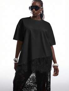 SHEIN EZwear Áo thun nữ cỡ lớn mùa hè, phong cách thường ngày, thanh lịch, màu trơn, vạt ren bất đối xứng, dáng rộng. - màu đen - Xem 1