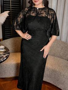 Modelyn Navy Blue Lace Shawl With Pearl Decor + Lace Slip Dress, Elegant And Luxurious 2 Pieces Set - Black - View 3