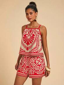 Travachic 女士度假条纹吊带背心和短裤休闲两件套 - 紅色 - 查看 1