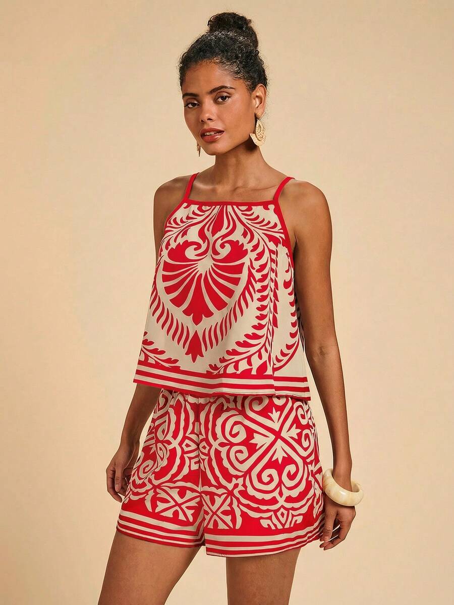 Travachic 女士度假条纹吊带背心和短裤休闲两件套 - 紅色 - 查看 1
