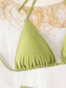 Swim Basics 3pcs Women's Minimalist Solid Color Backless Tie-Front Halter Bikini Set, Suitable For Beach & Holiday - Olive Green - View 4