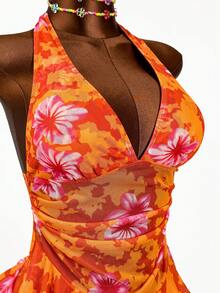 Vaytide Nuevo vestido de verano de ajuste ceñido con volantes multicapa y estampado de plantas tropicales semitransparente, vestido de playa sexy con espalda descubierta y ajuste estilizante, conjunto de traje de baño de 2 piezas con shorts para mujer - Multicolor - Ver 4