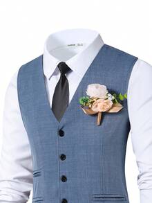 SHEIN 2pcs/Set Teen Boy Gentleman Outfit, Including Navy Slim-Fit Vest And Navy Textured Dress Pants, Elegant Formal Suit For Birthday, Wedding, Wedding Guest, Pageboy, Ring Boy - Blue - View 8