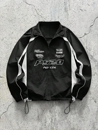 EVRINFINITE 男士字母图案立领拉链长袖夹克，宽松版型摩托车飞行员夹克，街头时尚