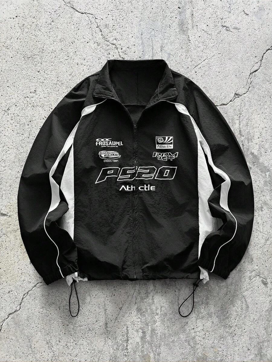 EVRINFINITE 男士字母图案立领拉链长袖夹克，宽松版型摩托车飞行员夹克，街头时尚 - 黑與白 - 查看 1