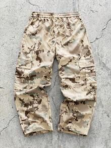 EVRINFINITE Manfinity Homme Men's Camouflage Print Flap Pocket Drawstring Waist Straight Loose Cargo Pants,Sports Pants,Summer Pants - Khaki - View 1