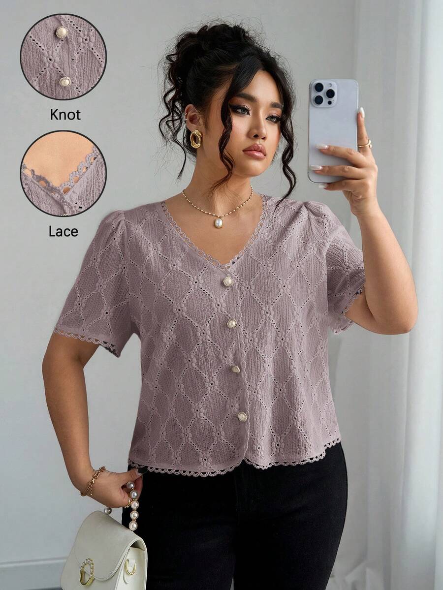 Elenzga 女士优雅波西米亚风V领休闲短袖杏色衬衫，适合夏季外出穿着 - 藕粉色 - 查看 1