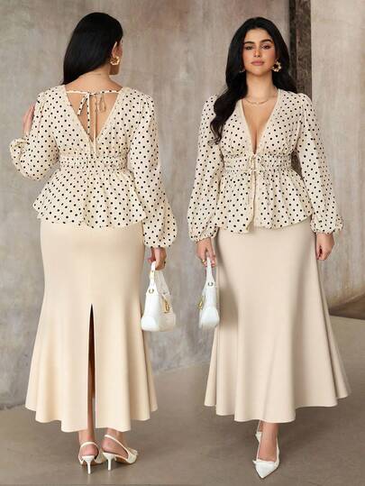 Roveilla Plus Size Women Elegant Floral Pattern Lace Patchwork Long Sleeve Blouse Women Elegant Outfits Ladies Two Pieces Outfits Suits Formal Top For Woman Elegant And Classy Formal Women's Dress Formal Wear Polka Dot Top And Skirt Set Two Pieces Set Woman Skirt Blouse And Skirt Women Elegant Latest Dress Style For Women Blouse And Skirt Set Zanea Dress For Woman Yisikado Dress Elegant Dress Holiday Tea Party Evening Beige Polka Dot Autumn